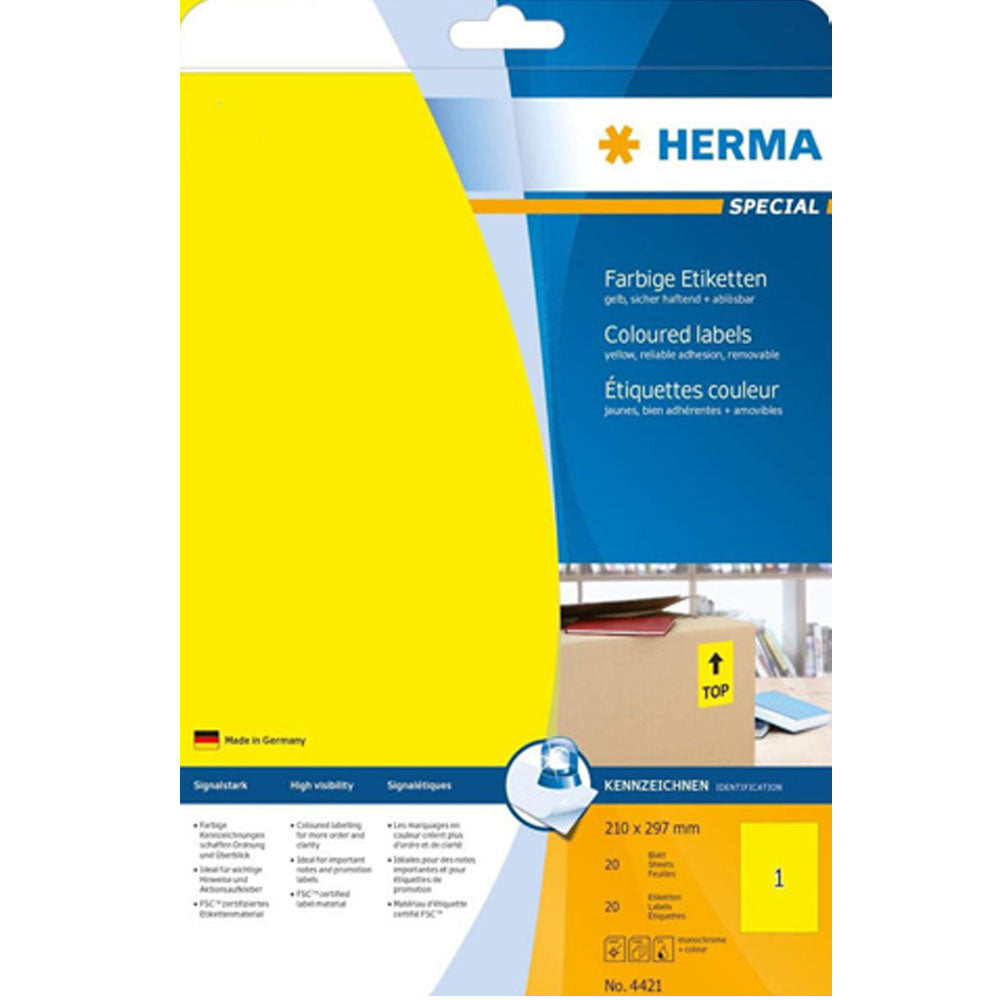 Herma aftagelige farvede etiketter A4 20pc (210x297mm)