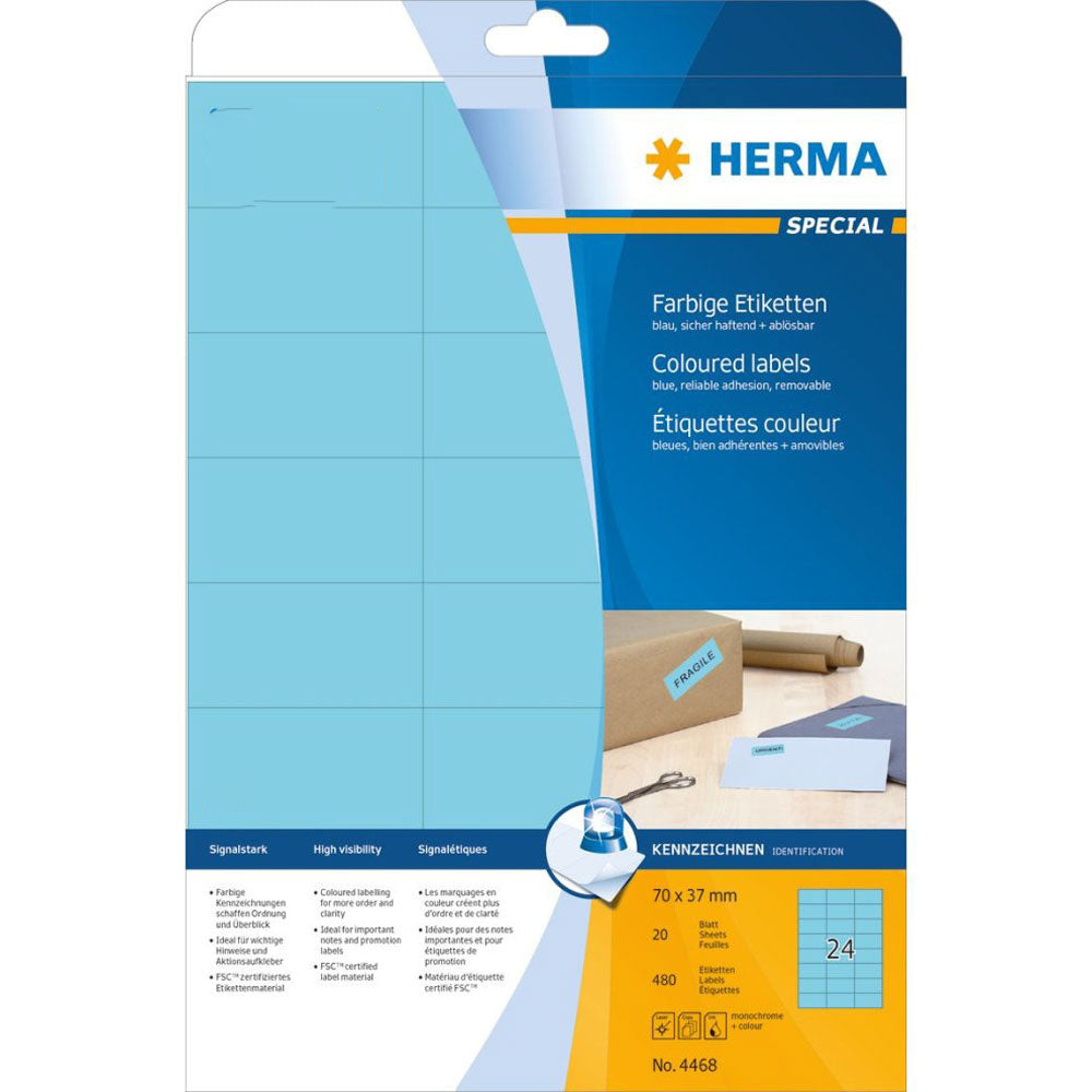 Herma avtagbar färgade etiketter A4 20 st (70x37mm)