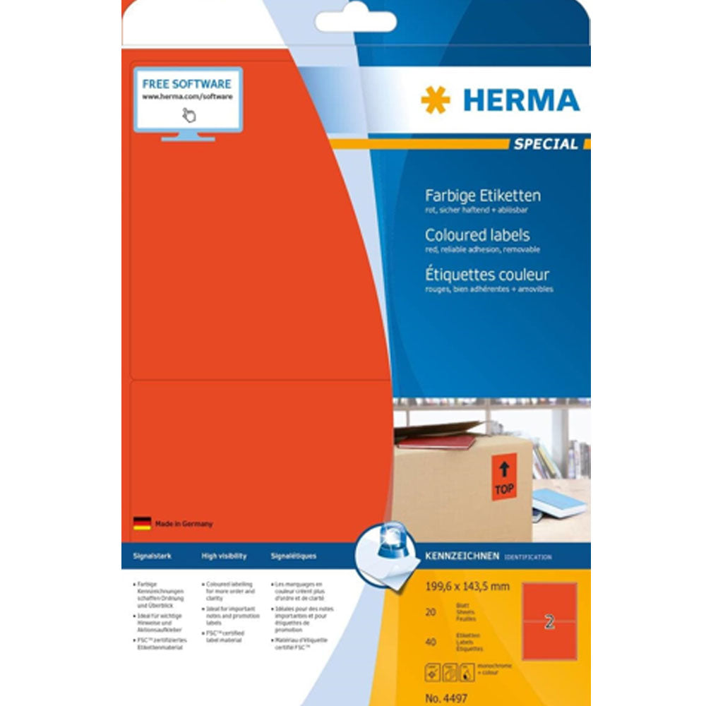 Herma avtagbar färgade etiketter A4 20 st (199.6x143.5mm)