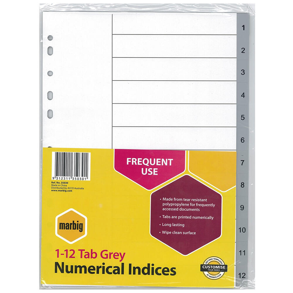 Marbig Numerical Indices & Dividers A4 (Grey)