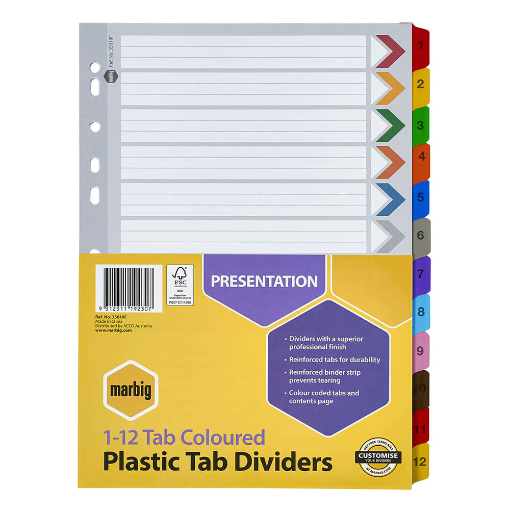 Marbig Manilla Plastic Tab Dividers A4 (kolorowy)