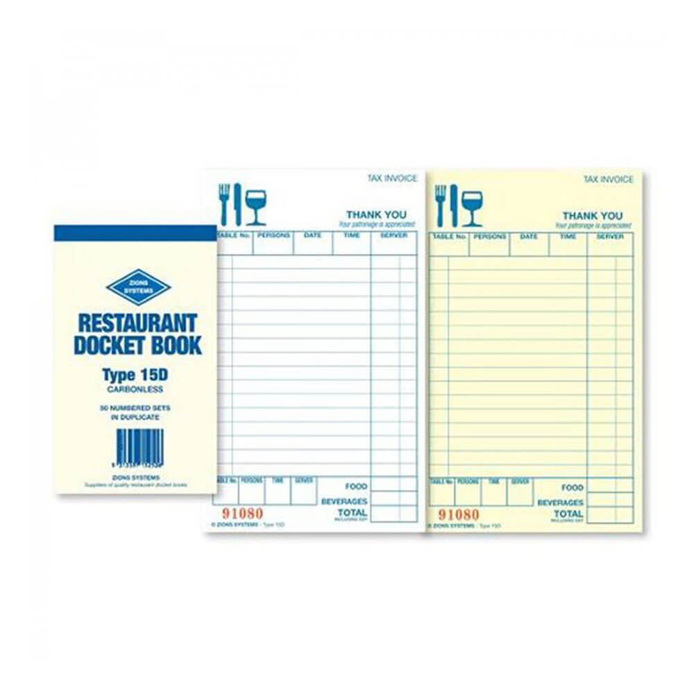 Zions sem carbono Duplicate Restaurant Docket Book