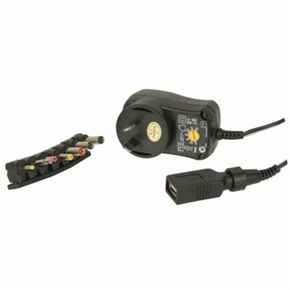 Mains Power Adapter med 7 stik og USB (3-12VDC)