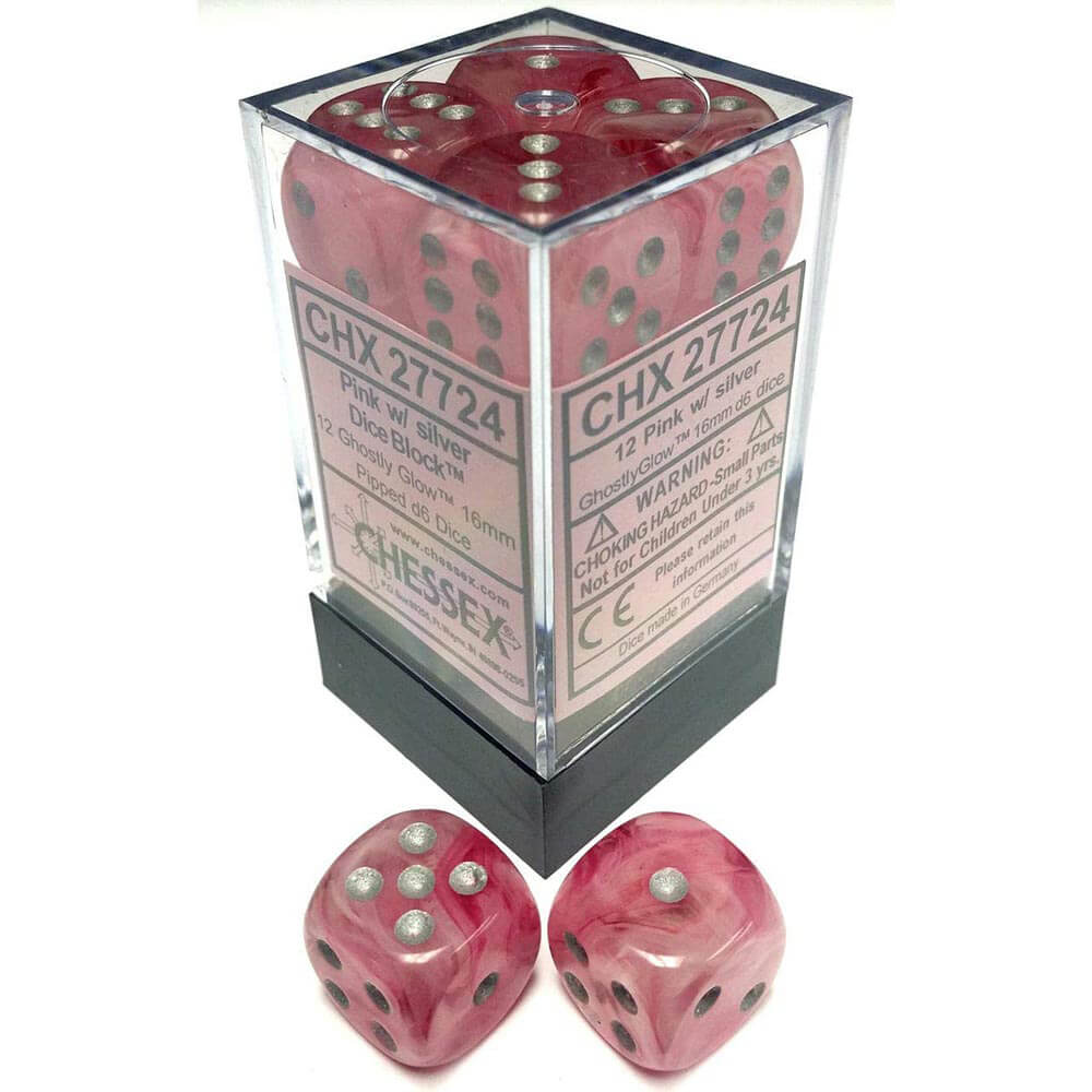 D6 DICE Ghostly Glow 16mm (12 dobbelstenen)